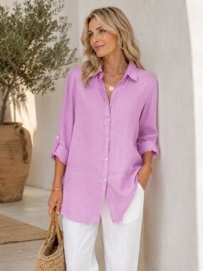 Tahari 100% Linen Button-Down Shirt in Rose